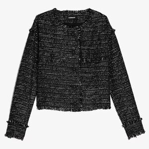 NWOT Express Black Gold Metallic Tweed Cropped Blazer with Fringe, size L.